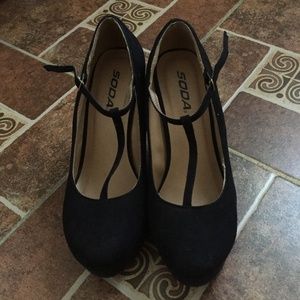 Soda Cute Black Wedge T Strap Platform Heels